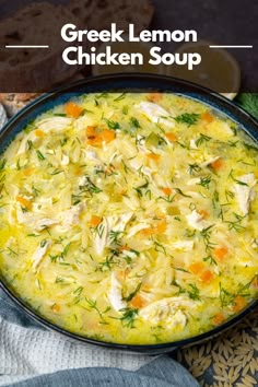 a bowl of chicken soup with bread in the background and text overlay that reads, avgolemono greek lemon chicken soup