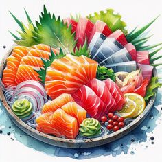 a watercolor painting of sushi in a bowl