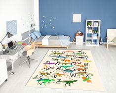 a child's bedroom with blue walls and white flooring, including a rug that has dinosaurs on it