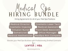 Medical Spa Contracts, Med Spa Employee Contract, Independent Contractor Agreement Medspa Hiring Forms, Spa Room Rental, Med Spa Employee Non Compete 1099 IC  If you own or run a medical spa, it is SO IMPORTANT to have written contract templates with every one you hire.  Whether you are hiring med spa employees, independent contractors, or spa room renters, you should have a professionally drafted med spa contract.  This Med Spa Legal Hiring Bundle comes with all of the forms you could ever need to meet your medical spa hiring needs.   This med spa bundle has templates for all of the following positions: - Medical Director - Cosmetic Injector (also known as Nurse Injector or Aesthetic Nurse) - Infusion Nurse (also known as IV Therapy Nurse) - Esthetician - Medical Aesthetician - Cosmetic L Nurse Esthetician, Esthetician Office, Infusion Nurse, Medical Aesthetician, Hiring Employees, Nurse Injector, Employee Handbook, Iv Therapy