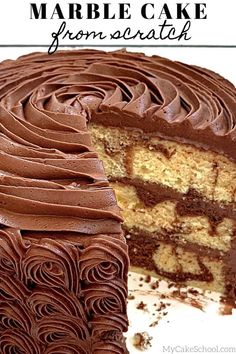 a close up of a cake with chocolate frosting on it and the slice cut out