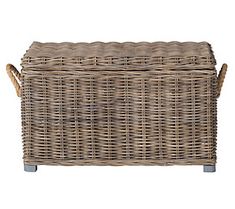 a large wicker basket with handles on the top and bottom, sitting against a white background