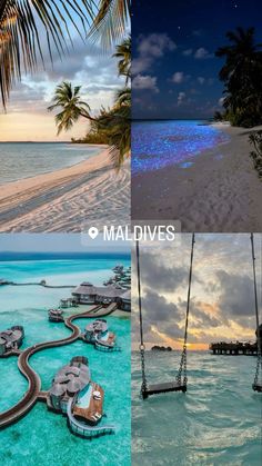 four different pictures with the same beach and ocean scene in them, including palm trees