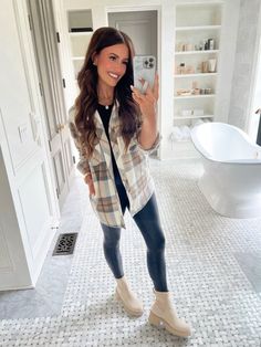 Classy Flannel Outfit, Shacket Outfit Women, Shacket Outfit, Stylish Outfits For Women Over 50, Teacher Clothes, Fleece Plaid, Plaid Shacket, Sock Booties, Cold Outfits