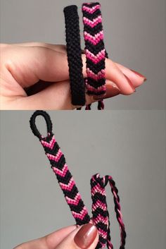 two pictures showing how to make a braid bracelet with yarn and scissors, one is pink and the other is black