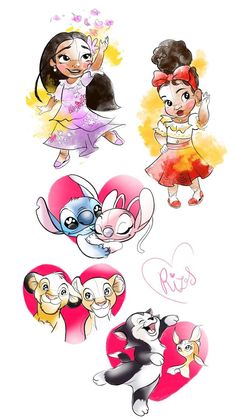 some cartoon characters with hearts on them