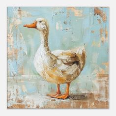 a painting of a duck standing in front of a blue and brown background with peeling paint