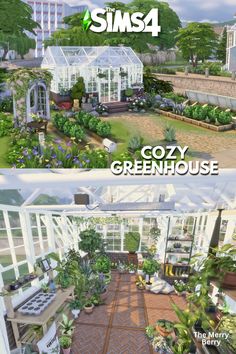 two different views of a greenhouse with plants in it and the same view from above