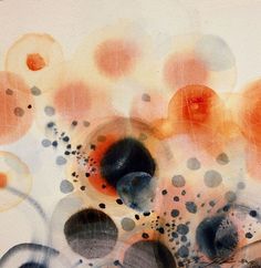 an abstract painting with circles and dots in orange, black, gray and white colors