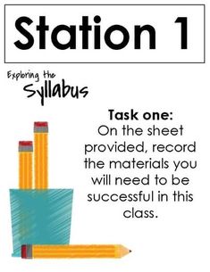 a poster with some pencils on it and the words station 1 written in black