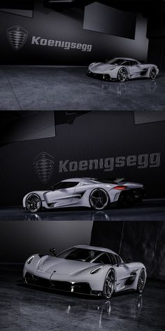 two white sports cars side by side in front of a black background with the words koenisego written on it