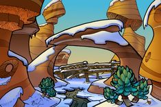 an image of a cartoon scene with snow on the ground and trees in the foreground