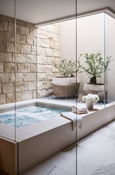 a bathroom with a large jacuzzi tub next to a stone wall and potted plants