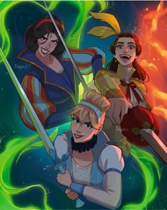 the three princesses from disney's beauty and the beast are holding their swords