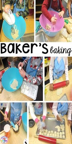 several pictures of children making cookies in the kitchen and baking with their hands on pans