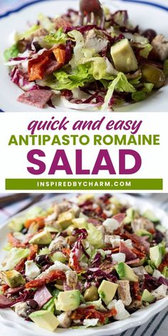 This Quick and Easy Antipasto Romaine Salad recipe is a great healthy recipe for spring! This easy-to-make side dish is customizable with the perfect blend of vibrant ingredients! Try this recipe now and save this pin now!