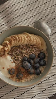 a bowl of oatmeal with bananas and blueberries