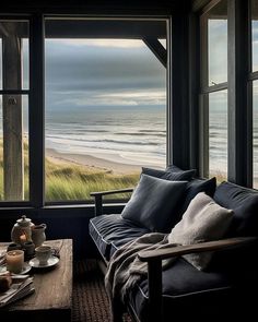 a living room filled with furniture next to a large window covered in windows overlooking the ocean