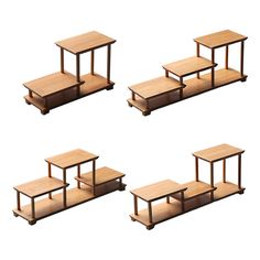 four wooden tables with one shelf on each side and the other in different positions to move