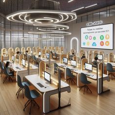 a classroom with desks and chairs in front of a large screen on the wall