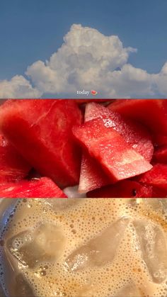 watermelon and other fruits are in a plastic bag on the ground with clouds in the background