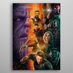 the avengers movie poster is displayed on a wall in front of a gray background with an image of various characters