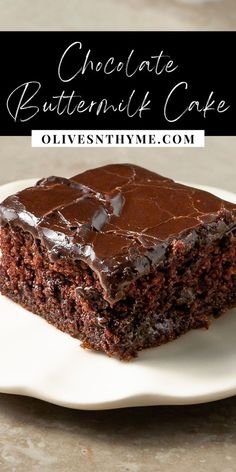 chocolate buttermilk cake on a white plate