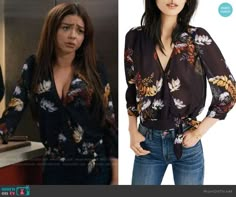 an image of a woman wearing a blouse and jeans in the tv show pretty little thing