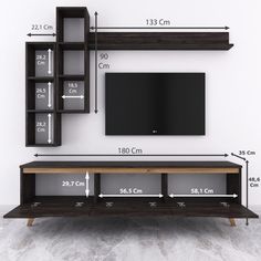 an entertainment center is shown with measurements for the wall mounted television and shelving unit