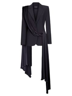 Single-breasted draped crepe and satin blazer with train – RASARIO Sharp Suits For Men, Suits With Capes, Tie Styling Women, Avant Garde Menswear, Mens Avant Garde Fashion, Blazer Designs Women, Suit With Train, Non Binary Wedding Outfit, Black Women Suits