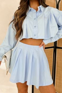 SELF: 100% COTTON. LINING: 100% RAYON Brand: Mable Model Wearing Size Small Color: Light Blue Comes As A Set: Top & Skirt Top: Collared Shirt, Button-Front, Pleat Details, Long Sleeves, Oversized Fit, Cropped Length Skirt: Pleated Skirt Overlay, Shorts Lining, Side Zipper Closure, Mini Length Neither Piece Has Stretch Top: 19" Armpit To Sleeve End, 7" Armpit To Hemline Skirt: 15" Waistline To Hemline For Model Size Specs Please Check Size Charts Launched: 1/29/24 Spring Button-up Sets For Day Out, Spring Button-up Sets With Buttons, Casual Mini Skirt Set For Day Out, Light Blue Summer Sets With Pockets, Summer Light Blue Sets With Pockets, Blue Buttoned Mini Skirt For Summer, Spring Button-up Mini Skirt, Casual Button-up Mini Skirt For Spring, Spring Button-up Sets For Daywear