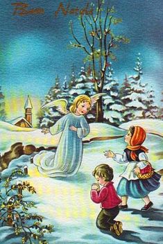 children playing in the snow with an angel on it's back and another child looking at