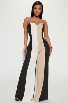 Available In Black/combo. Color Block Jumpsuit Tube Sweetheart Neckline Wide Leg Pant Invisible Back Zipper Fully Lined Non Stretch Self / Lining 100% Polyester Imported | Cara Colorblock Jumpsuit in Black size Large by Fashion Nova Colorblock Jumpsuit, Spandex Outfits, Combo Color, Occasion Outfit, Brownie Points, Two Piece Jumpsuit, Sweater Jumpsuit, Classy Dress Outfits, Special Occasion Outfits