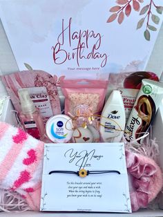 a birthday gift box filled with lots of goodies and personal care items for someone special