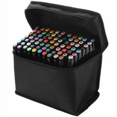 a black case filled with lots of colored crayons