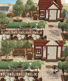 an illustrated view of a small town with lots of trees and flowers in the yard