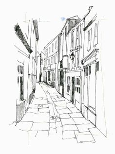 a black and white drawing of a narrow street