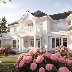 a large white house with pink flowers in the front yard