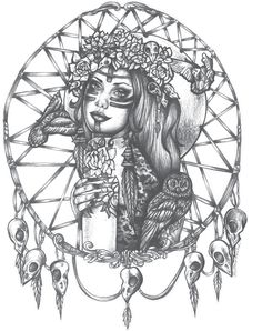 a black and white drawing of a woman holding a cup with skulls around her neck