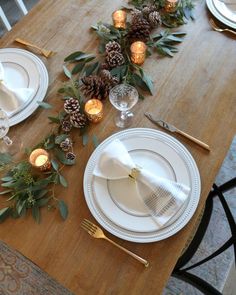 Read the blog post about Cozy and Chic Thanksgiving Table Settings & check out the best design ideas! Click for more. Stay informed about the Decoholic blog post. Now Visit. Eucalyptus And Pine Garland, Winter Table Runner Ideas, Christmas Eucalyptus Garland, January Tablescapes, Wooden Table Design, Gardening Table, Garland Table Runner, Table Decor Kitchen, Jul Diy