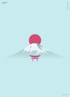 an image of a mountain with a red sun on it's peak and the word japan written in japanese