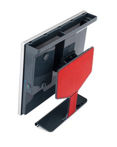 a red and black stand with two dvd's in it