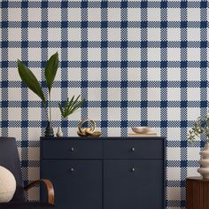 Navy Gingham Check Plaid Wallpaper | Peel&Paper Navy Gingham Nursery, Moody House, Kids Bedroom Wallpaper, Pantry Inspiration, Rocky 3, Dining Room Wallpaper, Wallpaper Textured, Plaid Wallpaper, Classic Wallpaper