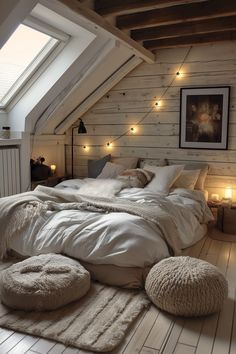 an attic bedroom with white walls and wood flooring is lit by string lights on the ceiling