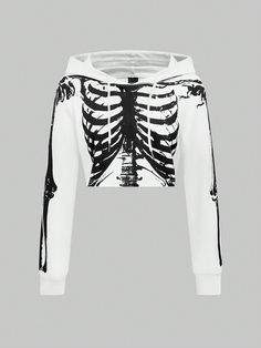 Blanco  Collar manga larga Tela Halloween Cremallera Embellished Elástico Ligero Skeleton Outfit Aesthetic, Skeleton Outfit, Skeleton Clothes, Cool Tops, Women Skeleton, Punk Woman, Skeleton Sweatshirt, Skeleton Graphic