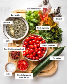 the ingredients for this recipe include tomatoes, basil, garlic, sun dried tomatoes, cucumber, pepper, red wine vinegar, bay leaf, basil, basil oil, and parsley