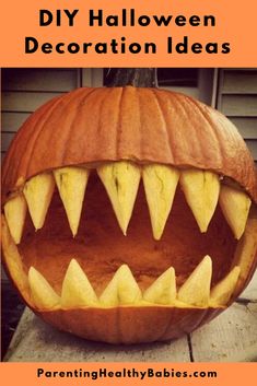 a carved pumpkin with sharp teeth on the outside