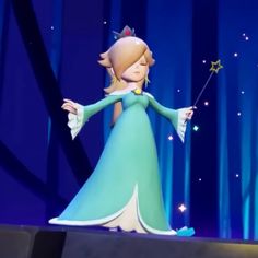 a cartoon character in a blue dress holding a wand with stars on it's tail