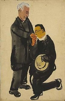 an image of a man getting his hair done by another man in a suit and tie