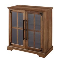 a wooden cabinet with glass doors and metal handles